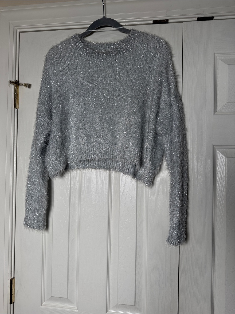 Urban Outfitters Silver Shimmer Fuzzy oversized Cropped Sweater S